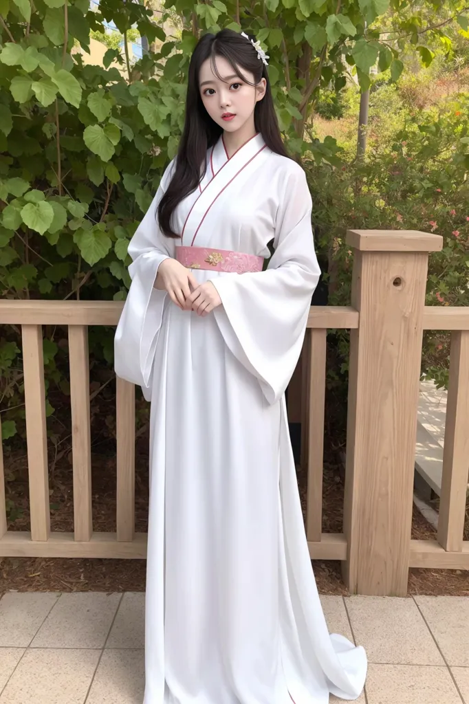 The image shows a young woman wearing a white hanfu, a traditional Chinese dress. The hanfu is made of a lightweight fabric and has a long, flowing skirt. The woman's hair is long and black, and she is wearing a pink flower in her hair. She is also wearing a pink belt around her waist. The woman is standing in a garden, and there are trees and flowers in the background.