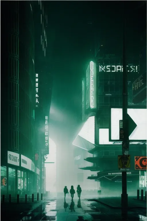 The image is a dark and foggy street scene in a cyberpunk city. The street is lit by neon lights and the buildings are covered in advertisements. There are three figures walking down the street in the foreground. They are all wearing long coats and hats, and they look like they are trying to stay warm. The image is full of mystery and intrigue, and it leaves the viewer wondering what is going on in this city.