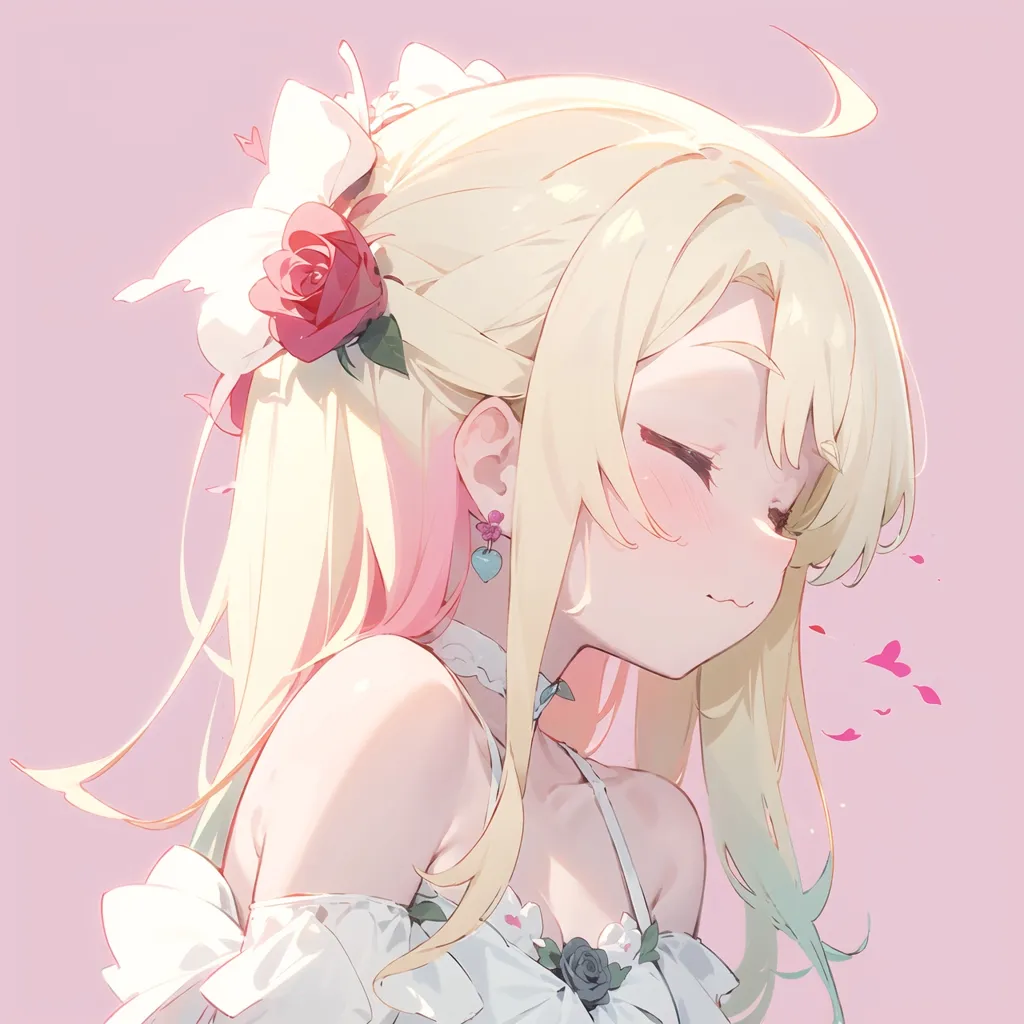 The image is a portrait of a young woman with long, flowing blonde hair. She has a gentle smile on her face and her eyes are closed. She is wearing a white dress with a sweetheart neckline and a pink rose in her hair. There are also two small white butterflies in her hair. The background is a soft pink color.