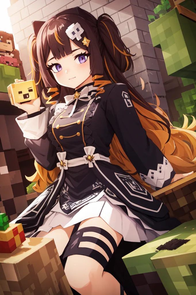 The image is of an anime girl with long brown hair and purple eyes. She is wearing a black and white dress with a white collar and a black bow tie. She is also wearing black stockings and brown boots. She is sitting on a wooden block in a Minecraft world. There are also other blocks around her, including a crafting table, a furnace, and a chest.