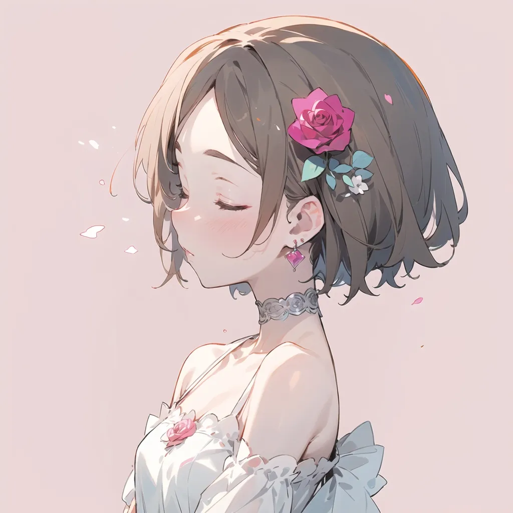 The image is a portrait of a young woman with short brown hair and pink eyes. She is wearing a white dress with a sweetheart neckline and a pink rose in her hair. She has a gentle smile on her face and her eyes are closed. There are three small white flowers and a few pink flower petals floating around her head. The background is a pale pink color.