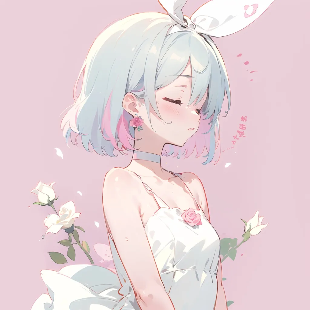 The image is of an anime girl with white and pink hair. She is wearing a white dress with a pink rose on the chest. She has a white bunny ear headband on and pink stud earrings. She is surrounded by white roses. The background is a very light pink.