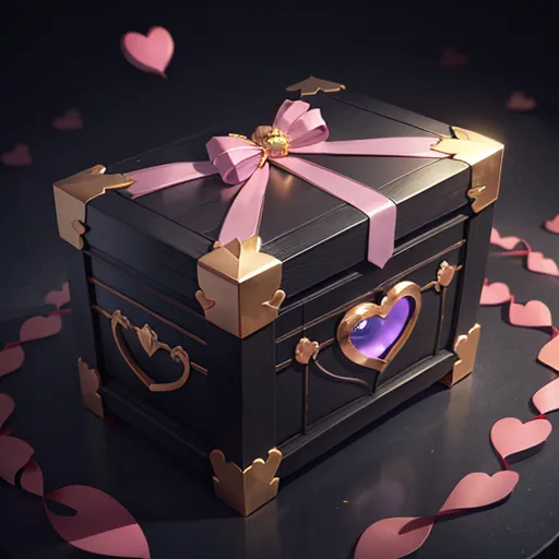 La imagen es de un cofre del tesoro negro y dorado con un lazo rosa envuelto alrededor de un moño rosa en la parte superior. El cofre está decorado con broches en forma de corazón dorados y tiene una ventana en forma de corazón en el frente con una luz púrpura brillante que sale del interior. Confeti en forma de corazón rosa está cayendo alrededor del cofre.