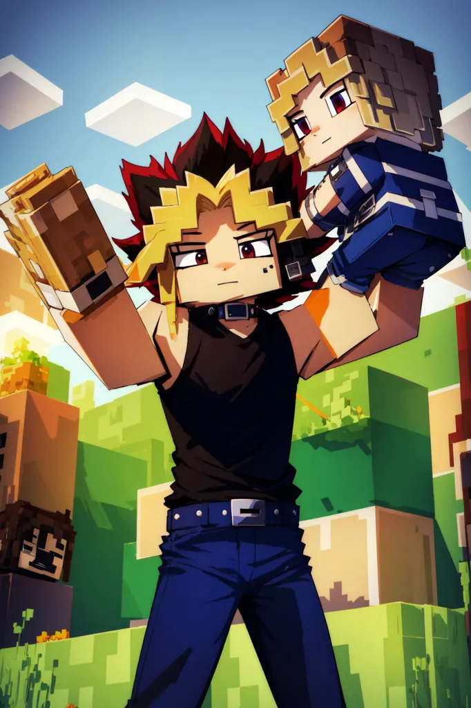 This is an image of two characters from the Yu-Gi-Oh! franchise, Yugi Muto and Atem, in a Minecraft-like world. Yugi is a young boy with spiky brown hair and Atem is a spirit who possesses Yugi's body. Yugi is wearing a black shirt and blue jeans, while Atem is wearing a white shirt and blue jeans. Yugi is holding Atem in his arms. Atem has brown hair and purple eyes. The background is a green field with a blue sky.