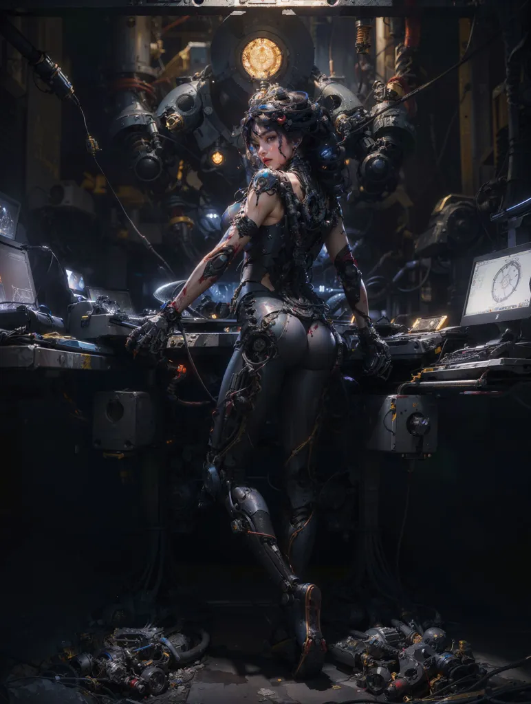 The image is a dark and moody depiction of a female cyborg. She is standing in a dimly lit room, surrounded by machinery and computer equipment. The cyborg is wearing a black bodysuit that covers her entire body, and her skin is pale and flawless. Her eyes are a deep blue, and her hair is long and black. She has a number of cybernetic enhancements, including a metal arm and leg, and a variety of wires and cables that are connected to her body. The cyborg is standing in a relaxed pose, and her expression is one of determination and strength. The image is a powerful and evocative depiction of a cyborg, and it is clear that the artist has put a great deal of thought and detail into its creation.