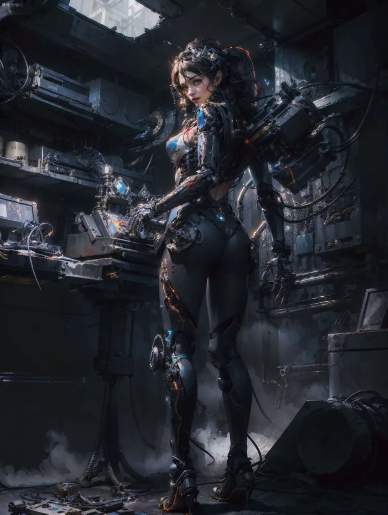 The image is of a woman standing in a dark room. She is wearing a black bodysuit with blue and orange highlights. She has brown hair and blue eyes. Her right arm is made of metal, and she has a large metal plate on her back. She is standing in front of a control panel, and there are a number of machines and tools scattered around the room.