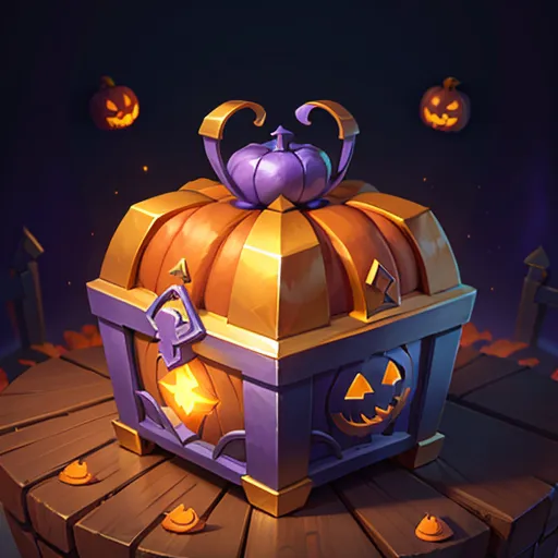 This is a digital illustration of a Halloween-themed treasure chest. The chest is made of wood and has a large pumpkin on top of it. The pumpkin is carved with a face and has a glowing light inside it. The chest is also decorated with bats and spider webs. There are two small pumpkins floating in the air next to the chest. The background is a dark night sky with a full moon.