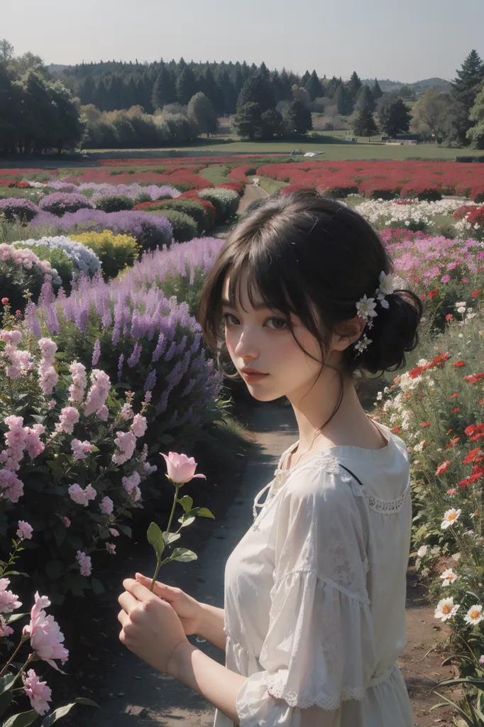 この画像には、花畑に立っている若い女性が写っています。花は主に桃色、白、紫で、緑の葉もあります。女性は白のドレスを着ており、正方形の首元と、右側に桃色の花がついた白のヘッドバンドをつけています。髪は濃い茶色で、低めのシニヨンスタイルになっています。右手には桃色のバラを持っています。背景は木々に覆われた丘で、青い空と白い雲が広がっています。