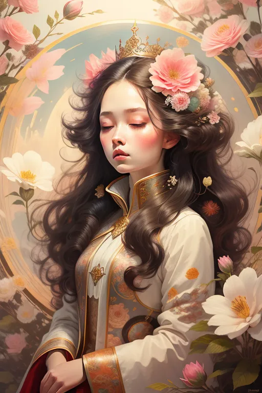 This image shows a beautiful Asian woman with long, flowing brown hair. She is wearing a white and gold dress with a high collar and a pink sash. Her head is adorned with a gold crown and she has pink flowers in her hair. She is standing in front of a background of pink and white flowers. The painting is done in a realistic style and the woman's expression is serene and peaceful.