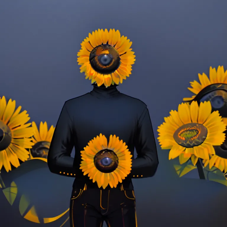 L'image représente une figure sombre avec une tête de tournesol. Le tournesol a un œil au milieu. La figure porte un pull col roulé noir et un jean noir. La figure tient un tournesol dans chaque main. Les tournesols ont également un œil au milieu. Il y a d'autres tournesols en arrière-plan. Les tournesols en arrière-plan sont d'une teinte de jaune plus claire que le tournesol que la figure tient. L'arrière-plan est bleu foncé.