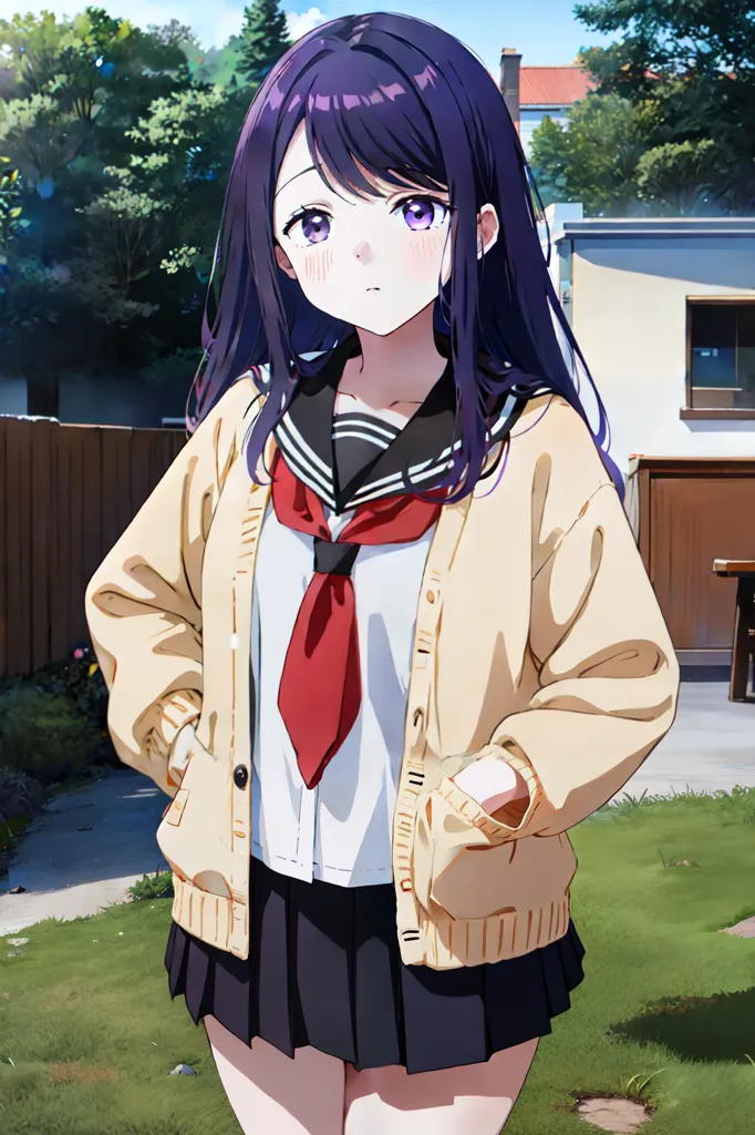 The image shows a young girl with purple hair and purple eyes. She is wearing a white shirt, a red tie, a black skirt, and a yellow cardigan sweater. She is standing in a residential area, with a house and trees in the background. The girl has her hands in her sweater pockets and is looking at the viewer with a slightly embarrassed expression on her face.