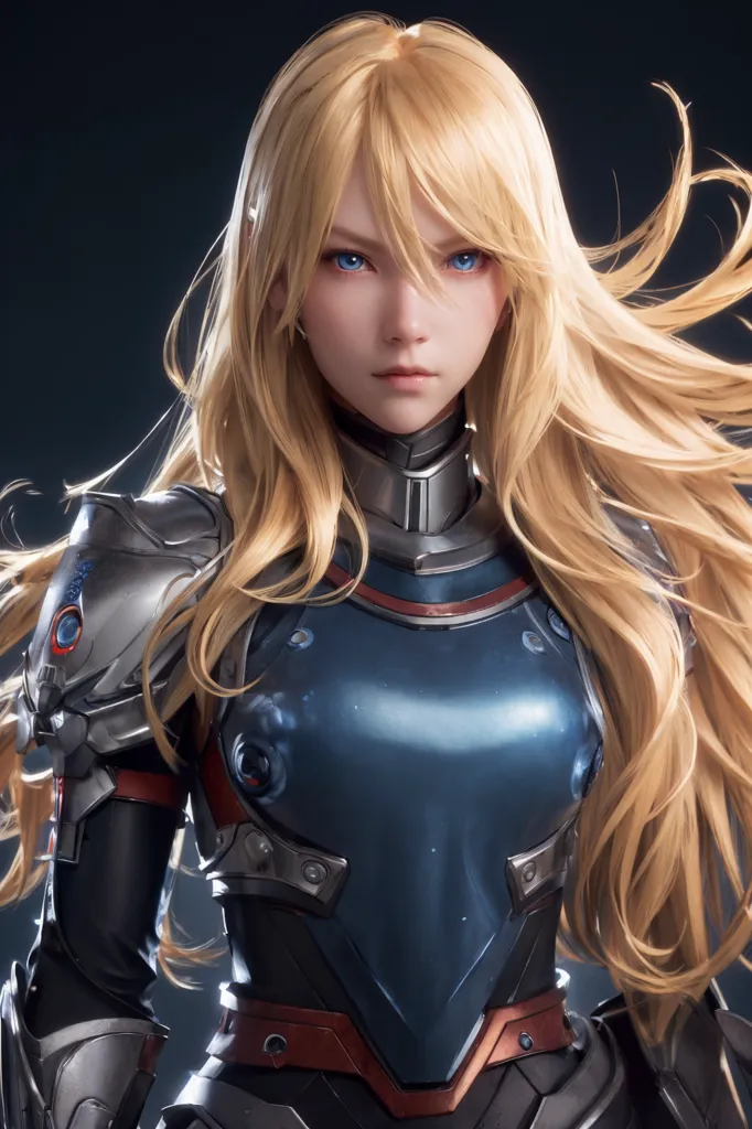 The image is a digital painting of a young woman with long blonde hair and blue eyes. She is wearing a blue and gray bodysuit with a high collar and shoulder pads. The bodysuit has several glowing blue lights on it. She is also wearing a pair of blue and gray boots. The woman is standing in a dark room with a dark background.