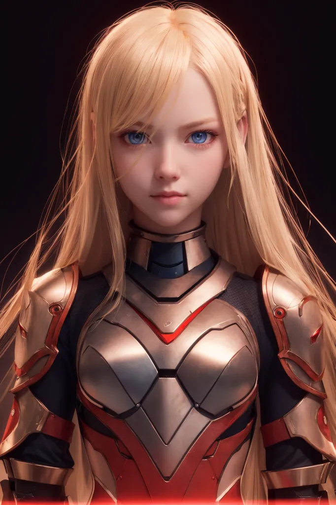 The image shows a beautiful young woman with long blonde hair and blue eyes. She is wearing a red and gold breastplate with shoulder pads. The breastplate has a red gem in the center. She is also wearing a silver choker. Her hair is flowing over her shoulders and she has a determined expression on her face.