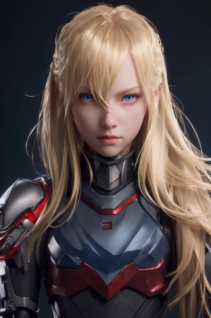 The image shows a beautiful young woman with long blonde hair and blue eyes. She is wearing a futuristic suit of armor that is red, blue, and gray. The armor has a high collar and shoulder pads, and there is a red light glowing on her chest. The woman's expression is serious and determined.