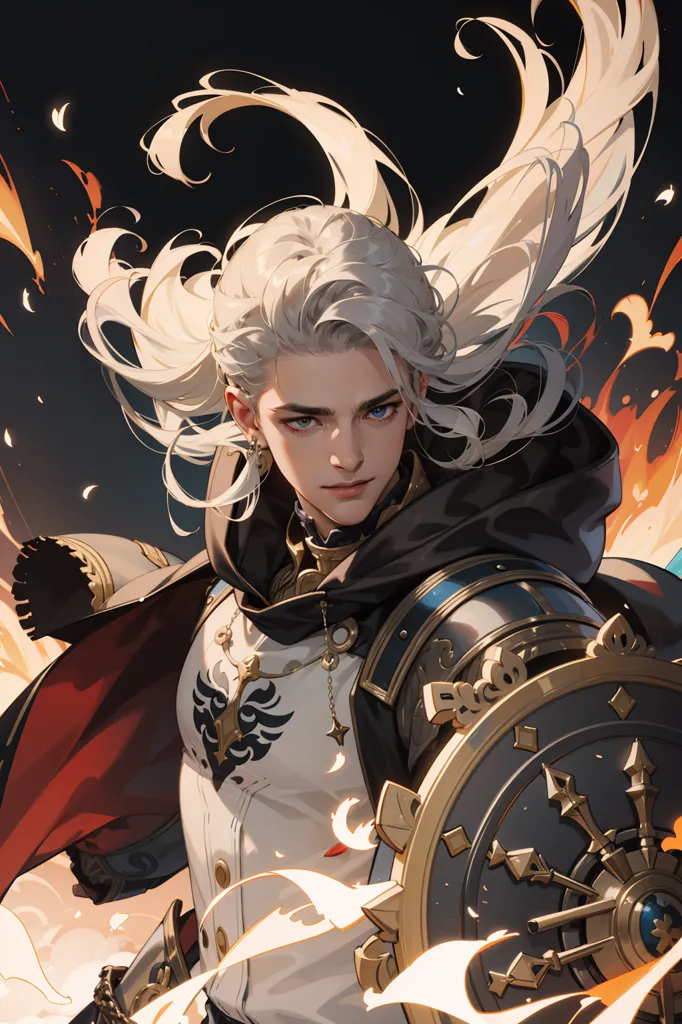 This is an image of a young man with long white hair and blue eyes. He is wearing a white and gold colored outfit and a brown cape. He has a serious expression on his face and is looking to the right. He appears to be in a battle as there are flames surrounding him. He is holding a shield with one hand and a sword in the other.