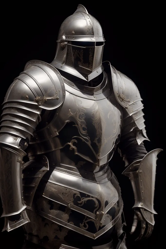 The image shows a knight in full plate armor. The armor is made of steel and has a shiny surface. The knight is wearing a helmet with a visor and a gorget to protect his neck. The breastplate has an elaborate design with flourishes and scrollwork. The knight is also wearing gauntlets and poleyns to protect his hands and legs. He is not wearing a surcoat.