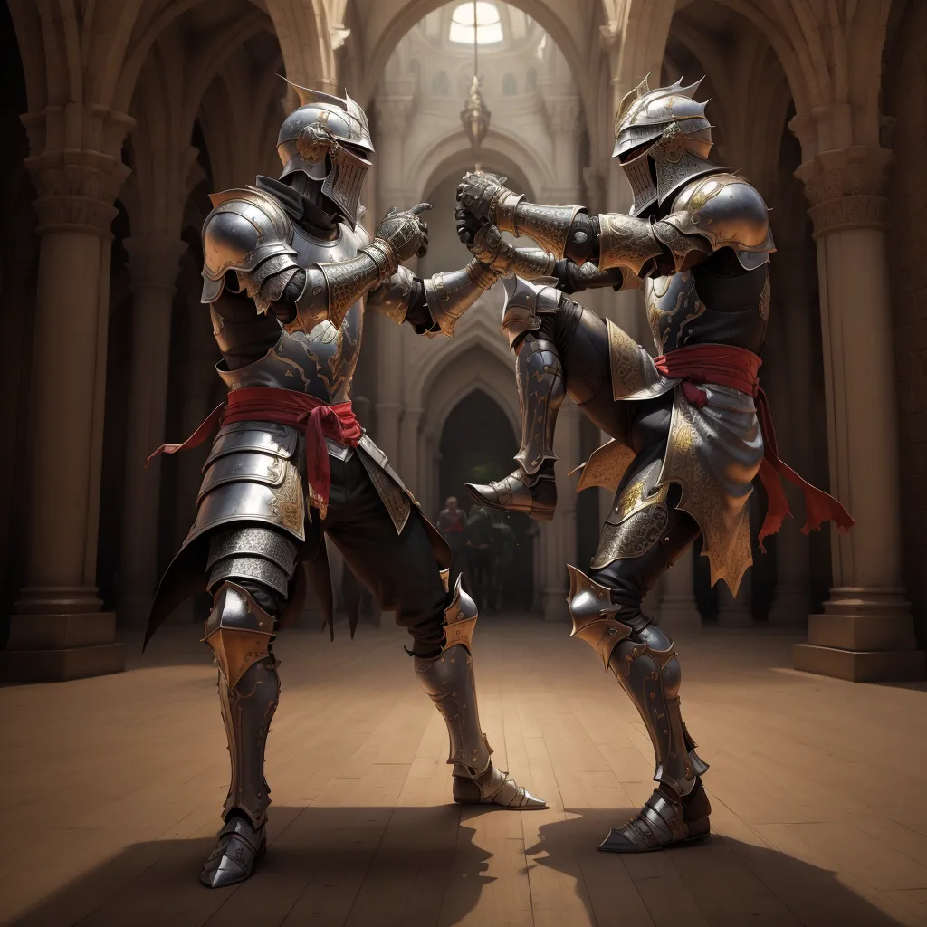 The image depicts two armored knights engaged in a fierce combat inside a grand hall. The knights are wearing full plate armor and are armed with swords and shields. The hall is decorated with intricate carvings and tapestries. The combatants are locked in a deadly embrace, each trying to gain an advantage over the other. The outcome of the fight is uncertain, as both knights are skilled and determined.