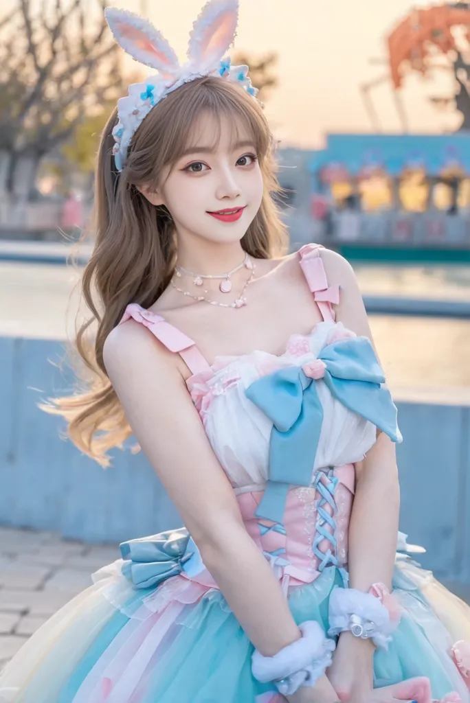 The image shows a young woman wearing a blue and white dress with a pink bow. She has a bunny ear headband on and a necklace with a pink gem. She is smiling and looking at the camera. She is standing in front of a fountain with a colorful Ferris wheel in the background.