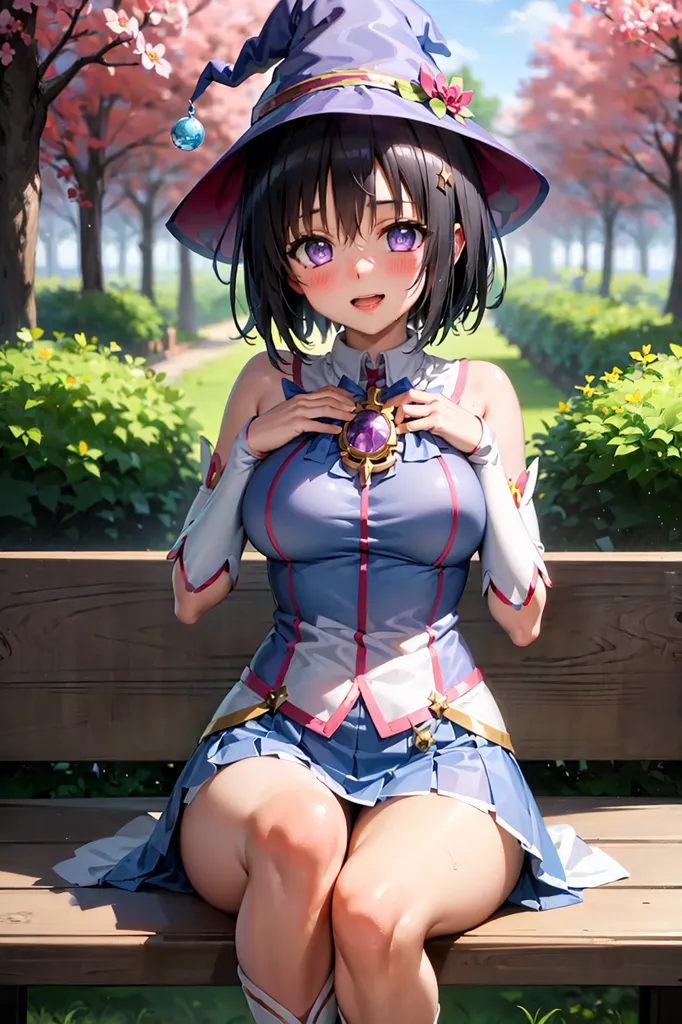 The image is of an anime-style girl with long black hair and purple eyes. She is wearing a purple hat with a blue and white striped brim, a blue and white dress with a pleated skirt, and white boots. She is sitting on a bench in a park, and there are trees and flowers in the background. The girl is smiling and has her hands clasped to her chest.