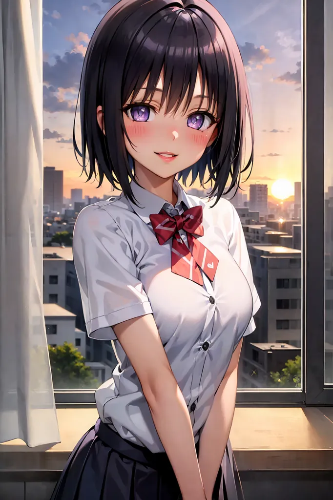 The image shows a young girl with purple eyes and black hair. She is wearing a white shirt and a black skirt. She is standing in front of a window, and there is a cityscape in the background. The sun is setting, and the sky is a gradient of orange and yellow. The girl is smiling and has a slight blush on her face.