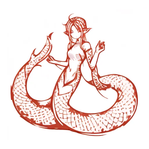 The image is a drawing of a red-skinned naga, which is a half-human, half-snake creature. It has the upper body of a human woman, with long red hair, pointed ears, and a snake-like tail instead of legs. The naga is sitting in a coiled position, with its tail wrapped around its body. It has its arms outstretched in front of it, and its head is turned to the viewer's left. The naga's eyes are closed, and it has a serene expression on its face. The image is drawn in a simple, cartoon style, and the lines are fluid and graceful.