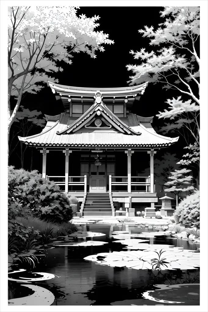 The image is a black and white drawing of a traditional Japanese house. The house is surrounded by a garden with trees and a pond. The house has a tiled roof and a wooden structure. The garden has a pond with water lilies and a stone path leading to the house. The trees are tall and have a lot of leaves. The image is very peaceful and serene.