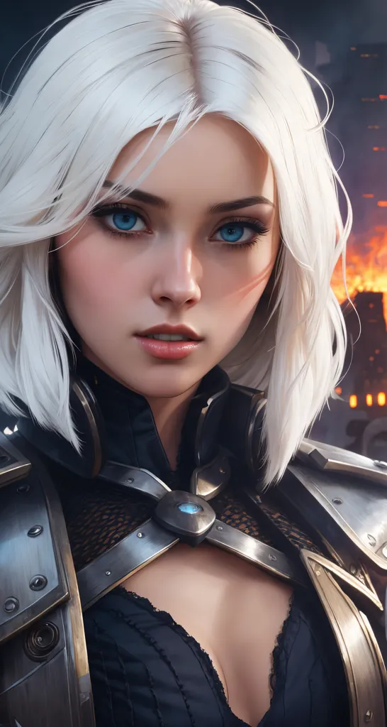 The picture shows a young woman with shoulder-length white hair. Her eyes are blue and her skin is fair. She is wearing a dark-colored bodice with silver-colored shoulder pads. There is a blue gem in the center of her bodice. She is looking at the viewer with a serious expression. There is a fire in the background.