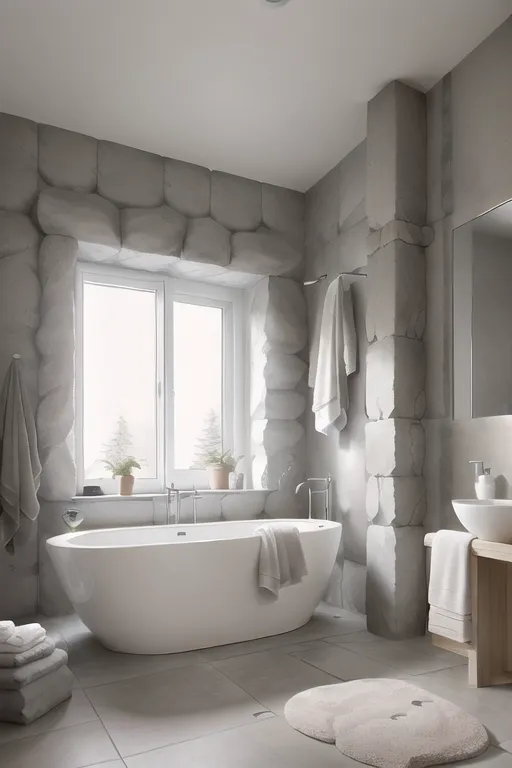 La imagen es un renderizado 3D de un baño. El baño está hecho de piedra gris y tiene una ventana grande que deja entrar la luz natural. Hay una bañera, un lavabo y un inodoro. La bañera está colocada frente a la ventana. El lavabo está a la derecha de la bañera y el inodoro a la izquierda. Hay una alfombra gris en el suelo frente a la bañera. Hay toallas colgadas en las paredes. El baño es muy moderno y elegante.