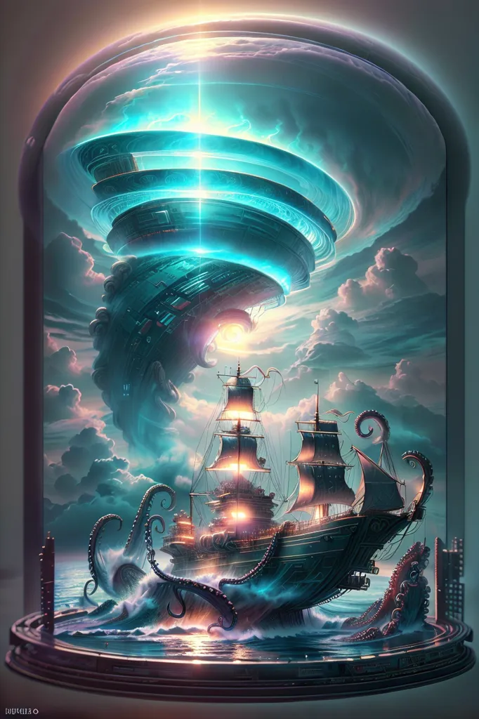 The image is a digital painting of a steampunk ship inside a glass dome. The ship is being attacked by a giant octopus. The dome is filled with a blue mist and there are clouds in the background. The ship is made of wood and metal and has a large sail. The octopus is purple and has long, curling tentacles. The painting is very detailed and realistic.