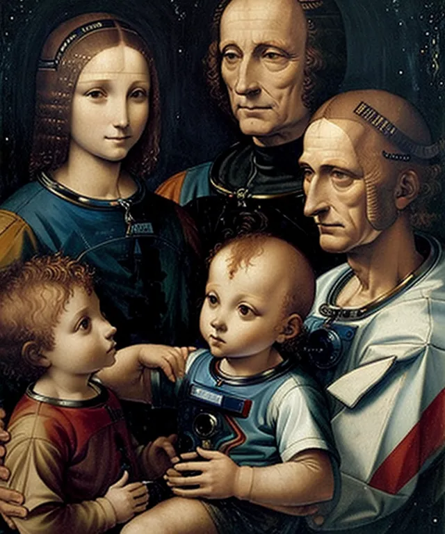 This image is a painting of a family. There are five people in the painting. There are two adults, two children, and a baby. The adults are a man and a woman. The man is wearing a black suit. The woman is wearing a blue dress. The children are two boys. The older boy is wearing a red shirt. The younger boy is wearing a white shirt. The baby is wearing a blue and white spacesuit. The family is standing in front of a black background. There are stars in the background.