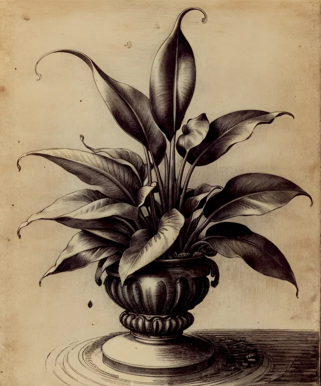 The image is a botanical drawing of a plant with large, dark leaves and a few flowers. The plant is growing in a vase. The drawing is done in a realistic style, and the artist has used shading to create depth and dimension. The image is a good example of botanical art, and it is clear that the artist has a deep understanding of the plant's anatomy.