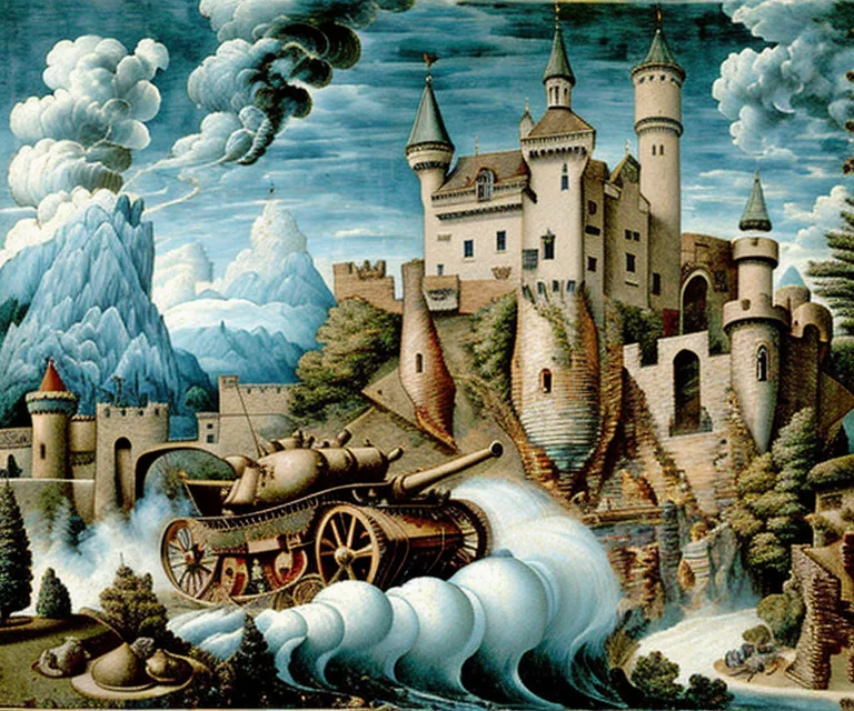 A imagem é uma pintura de um tanque avançando por um vale em direção a um castelo. O tanque está em primeiro plano e o castelo ao fundo. O tanque é feito de metal e possui esteiras. Também tem um grande canhão no topo. O castelo é feito de pedra e possui torres e ameias. O vale é verde e tem um rio correndo através dele. Há montanhas ao fundo. A pintura é feita em um estilo realista, e as cores são amortecidas.