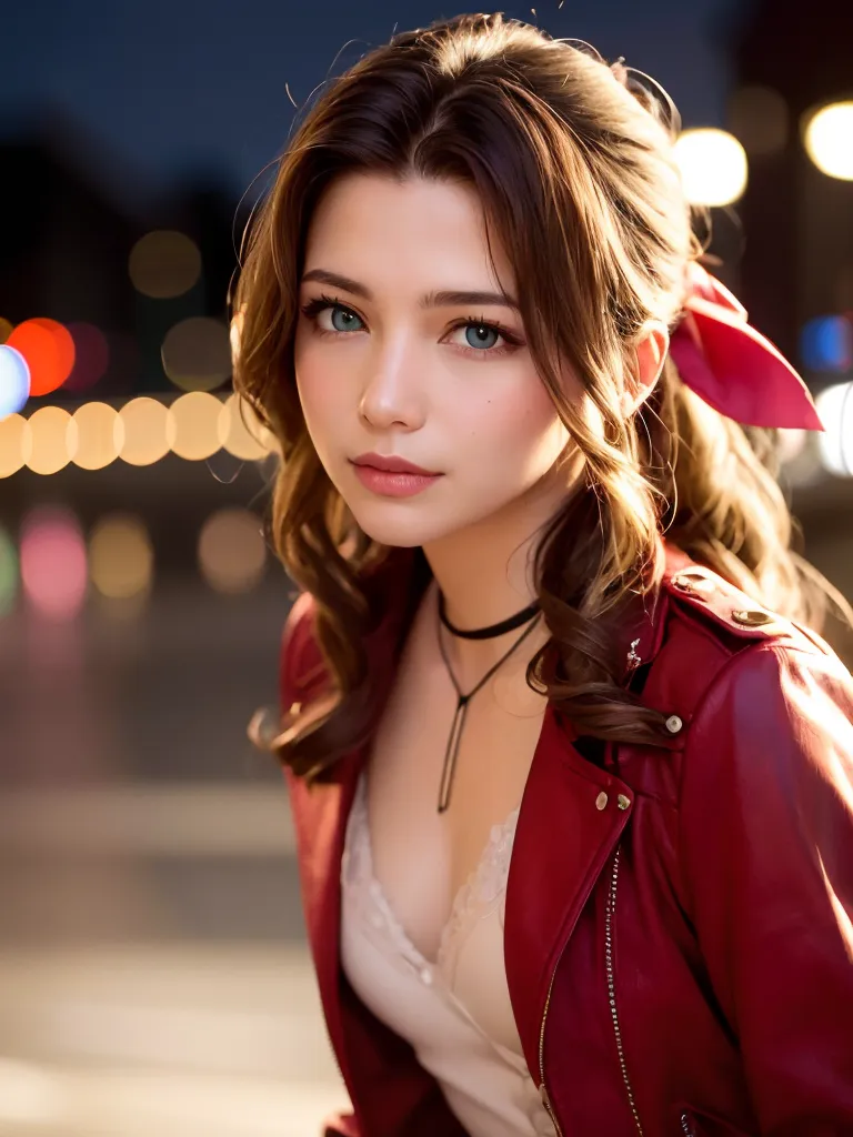 La imagen muestra a una mujer joven con el cabello castaño largo y ojos verdes. Lleva una camiseta blanca, una chaqueta de cuero roja y un gargantilla negra. Su cabello está recogido en una cola de caballo con una cinta roja. El fondo está desenfocado con luces de bokeh.