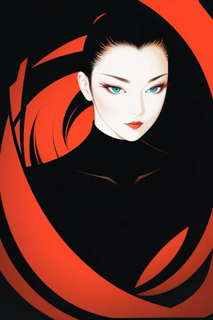 This image is a portrait of a young woman with long black hair, blue eyes, and red lipstick. She is wearing a black turtleneck blouse. The background is a swirling red and black pattern. The image has a retro, Showa era feel to it.