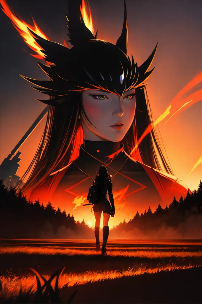 This is an image of a woman standing in a field, with a large, fiery bird behind her. The woman is wearing a black and red outfit, and she has long black hair. The bird has its wings spread out, and it is looking down at the woman. The background is a dark orange color, and there are trees in the distance.