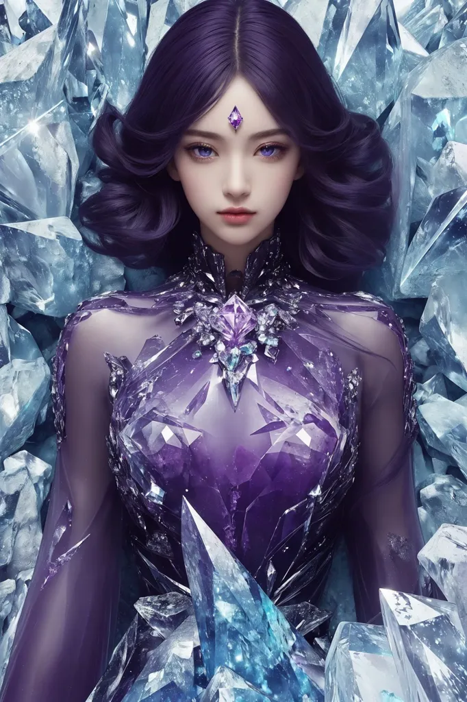 This is an image of an anime-style woman with purple hair and purple eyes. She is wearing an elegant purple dress adorned with crystals. She is sitting on a bed of ice crystals. She is looking at the viewer with a serene expression. The background is white with a gradient to purple at the top.