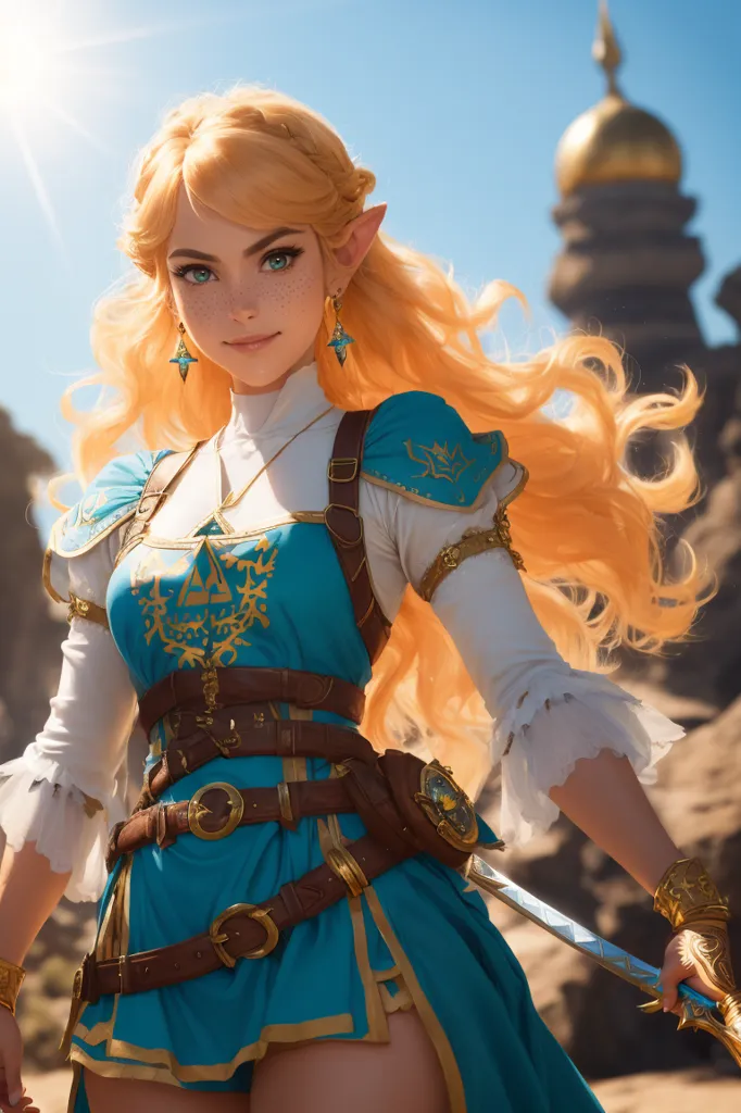 The image is of a young woman with long blonde hair and blue eyes. She is wearing a blue and white outfit with a brown belt and a sword in her hand. She is standing in a rocky field with a large building in the background. The woman is likely a warrior or adventurer of some kind.