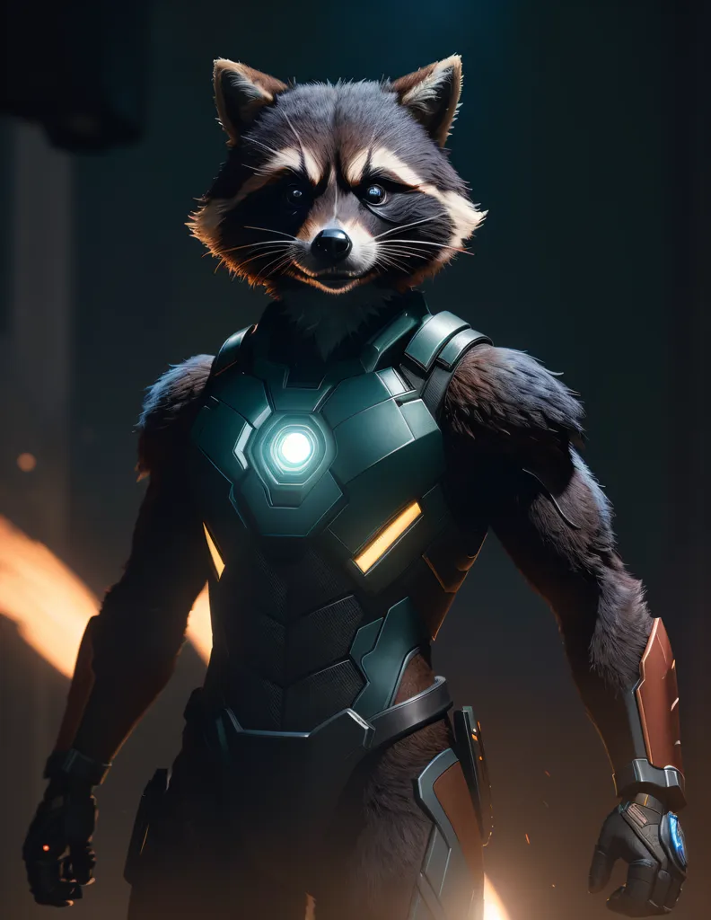 The image shows Rocket Raccoon, a character from the Guardians of the Galaxy, wearing Iron Man's suit. He is standing in a dark room with his hands on his hips. He has a confident expression on his face. The suit is mostly grey and dark green with yellow and white detailing. The suit has a glowing yellow circle in the center of the chest.