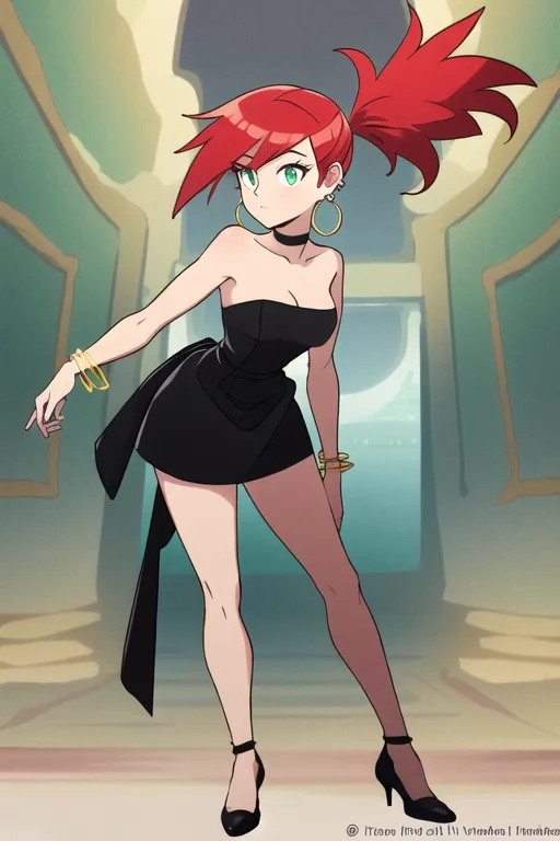 This is an image of a woman with red hair and green eyes. She is wearing a black strapless dress with a slit on one side and black high heels. She is also wearing several gold bracelets on her right arm and a large gold earring in her left ear. She is standing in a hallway with a marble floor and green walls. There are paintings on the walls and a large mirror at the end of the hall.