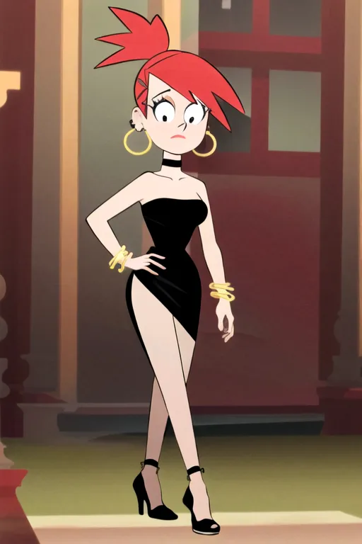 The image shows a woman with red spiky hair and green eyes. She is wearing a black strapless dress with a thigh-high slit and black high heels. She is also wearing several gold bracelets on her right arm. She is standing in a hallway with a red carpet on the floor.