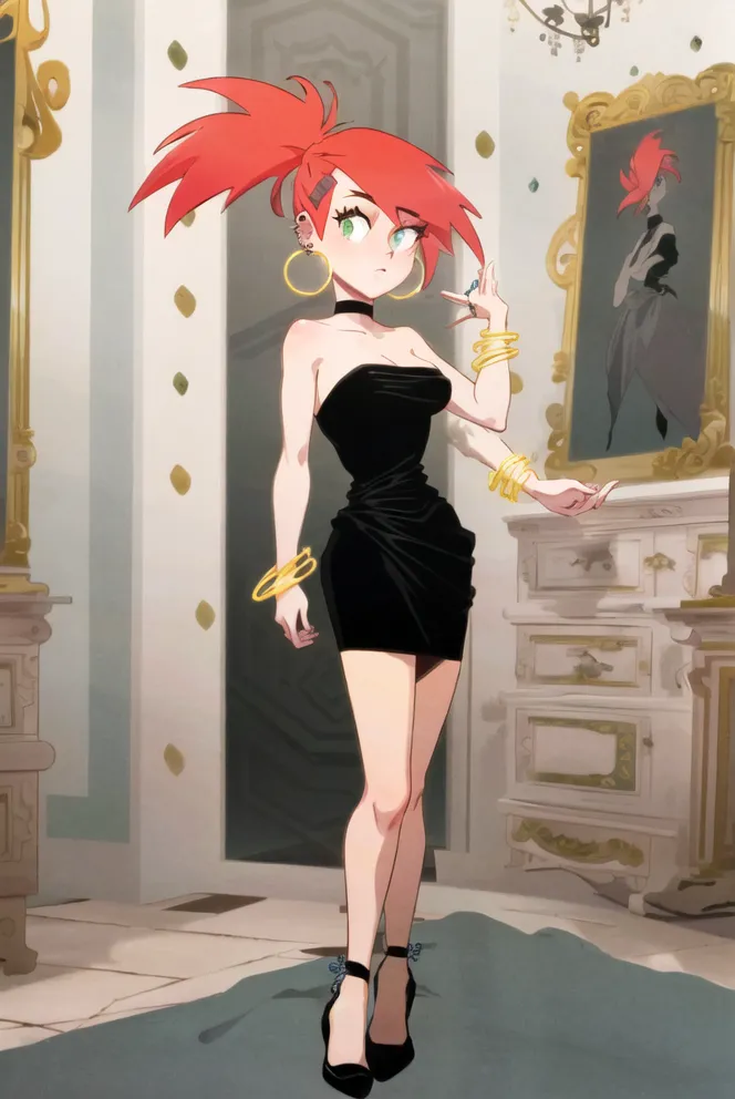 This is an image of a woman with bright red hair and green eyes. She is wearing a black strapless dress with a sweetheart neckline. She is also wearing black high heels, gold hoop earrings, and several gold bracelets on her right arm. The woman is standing in a room with a white marble floor and gold walls. There is a painting of a woman in a similar dress hanging on the wall behind her.