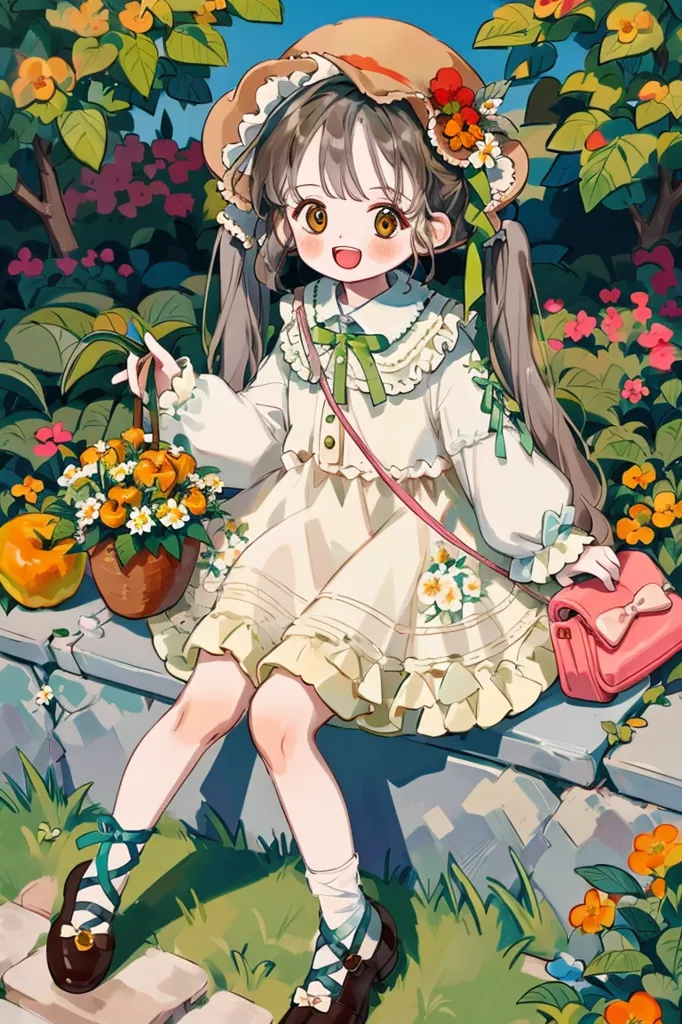 The image shows a young girl with long brown hair and brown eyes. She is wearing a white dress with a green sash and a yellow hat with a pink ribbon. She is sitting on a stone wall in a garden. There are flowers and trees all around her and she has a basket of flowers in her hand. She is smiling and looks happy.