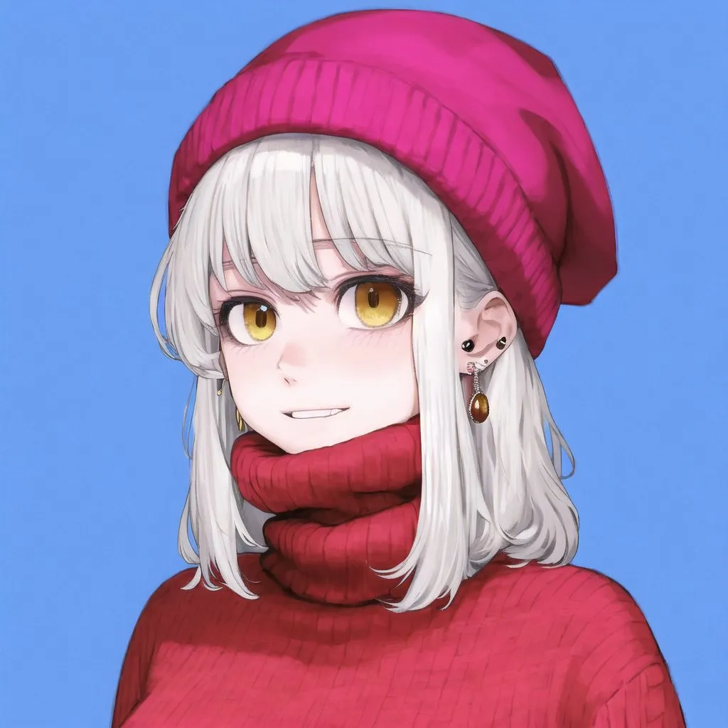 The image shows a young woman with white hair and yellow eyes. She is wearing a pink beanie and a red turtleneck sweater. She has a friendly smile on her face and is looking at the viewer. She is wearing a brown earring on her left ear.