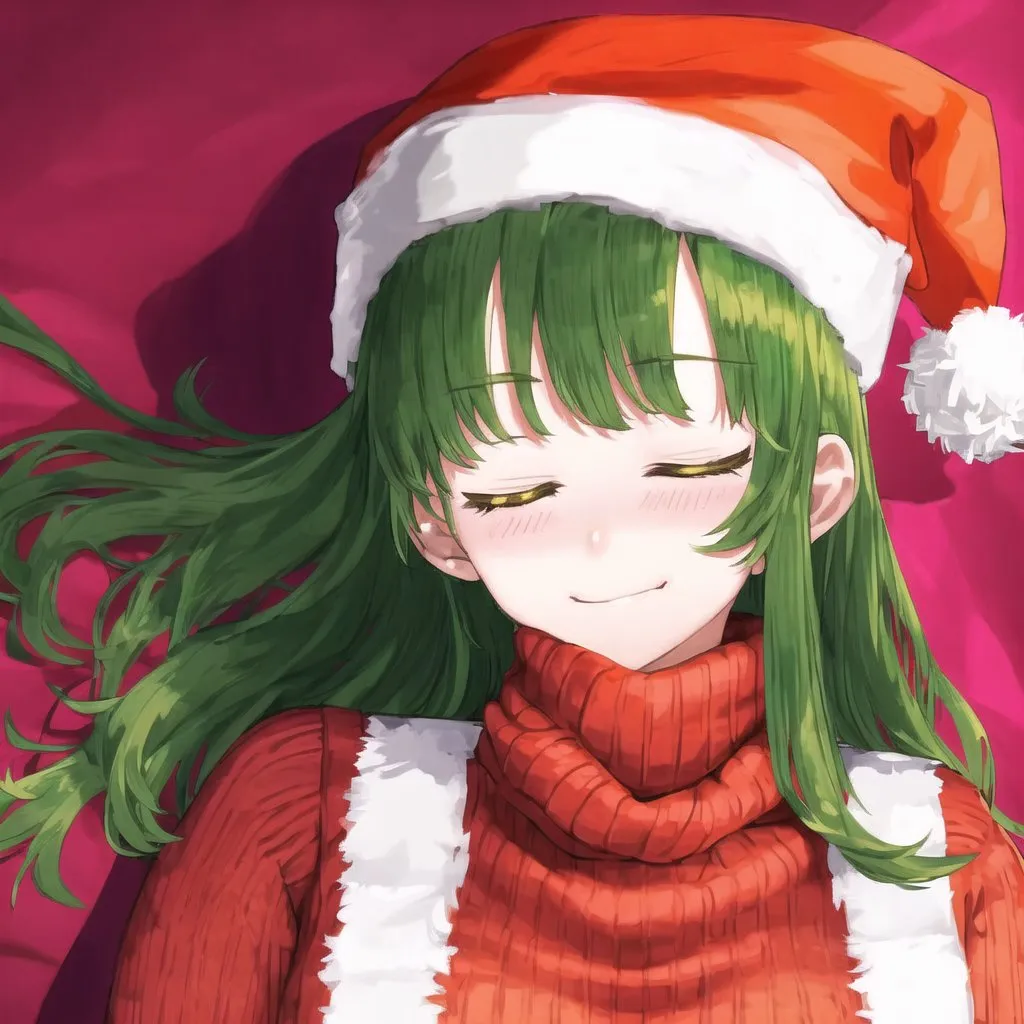 A imagem mostra uma menina jovem com cabelos verdes e olhos verdes. Ela está usando um gorro de Papai Noel vermelho e branco e um suéter de gola alta vermelho com um colarinho branco. Ela tem uma expressão feliz no rosto e seus olhos estão fechados. Ela está deitada em um cobertor rosa. O fundo é de uma cor rosa clara.