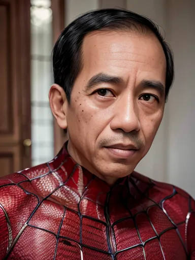 This is a photo of Joko Widodo, the president of Indonesia, edited to make it look like he is wearing a red Spider-Man suit.