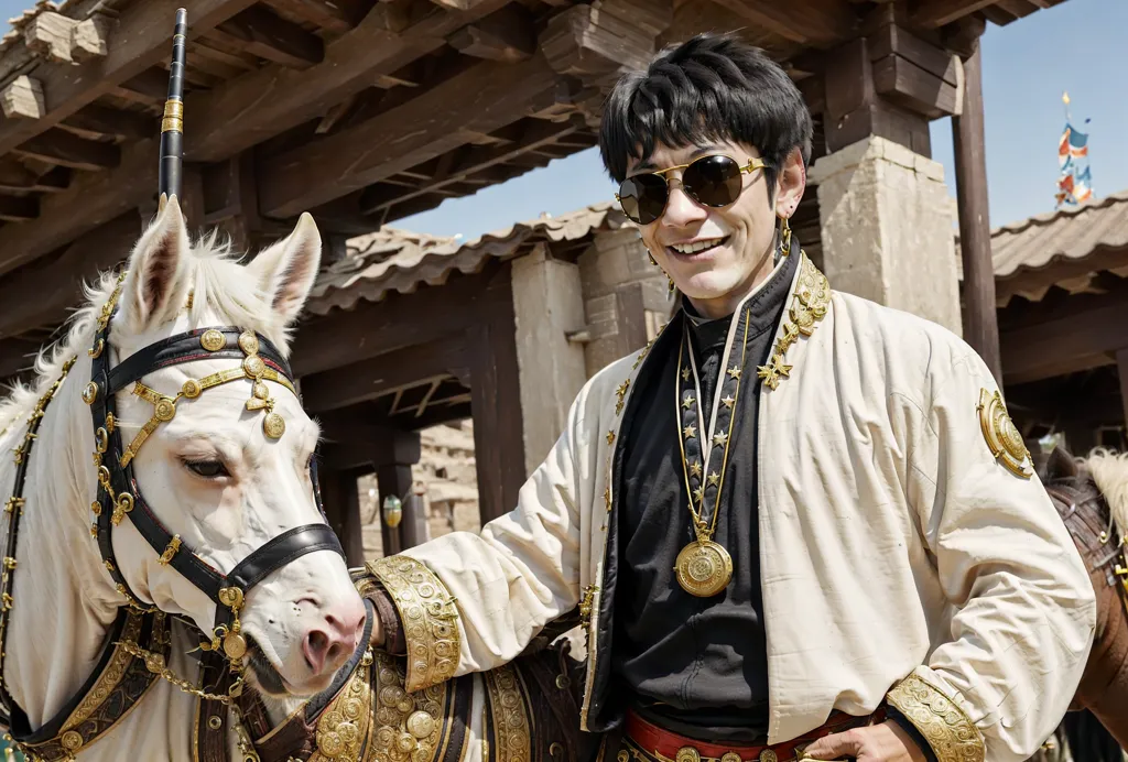 L'image montre un homme debout à côté d'un cheval blanc. L'homme porte une tenue traditionnelle chinoise blanche et dorée ainsi que des lunettes de soleil. Il a un collier en or avec un pendentif et une ceinture dorée. Le cheval porte une selle et une bride décorées d'or. Il y a des bâtiments en arrière-plan.