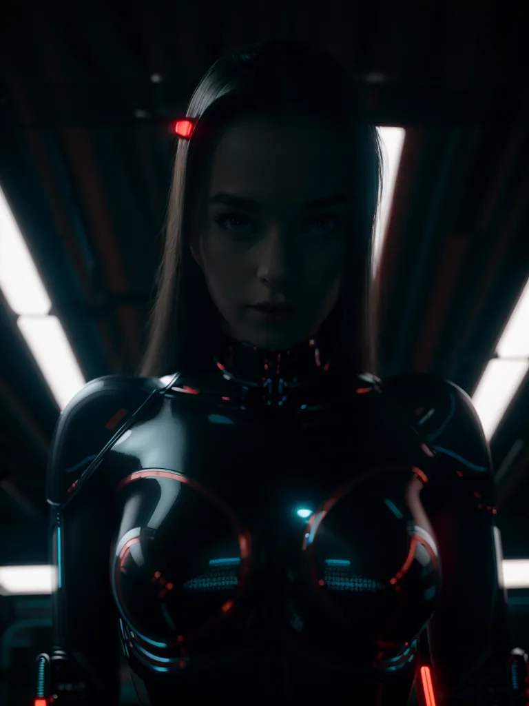 The image is of a beautiful woman with long brown hair. She is wearing a black bodysuit that has red and blue lights on it. She is also wearing a red headband. The background is dark and there are bright lights on either side of her. She is looking at the camera with a serious expression.