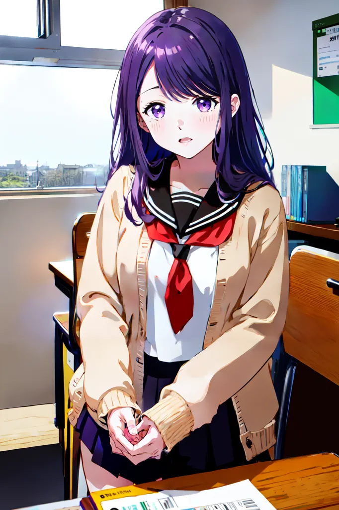 The image shows a young girl with purple hair and purple eyes. She is wearing a white shirt, a red tie, and a brown cardigan sweater. She is also wearing a pleated skirt and brown shoes. She is standing in a classroom, and there is a window, a blackboard, and some bookshelves in the background.