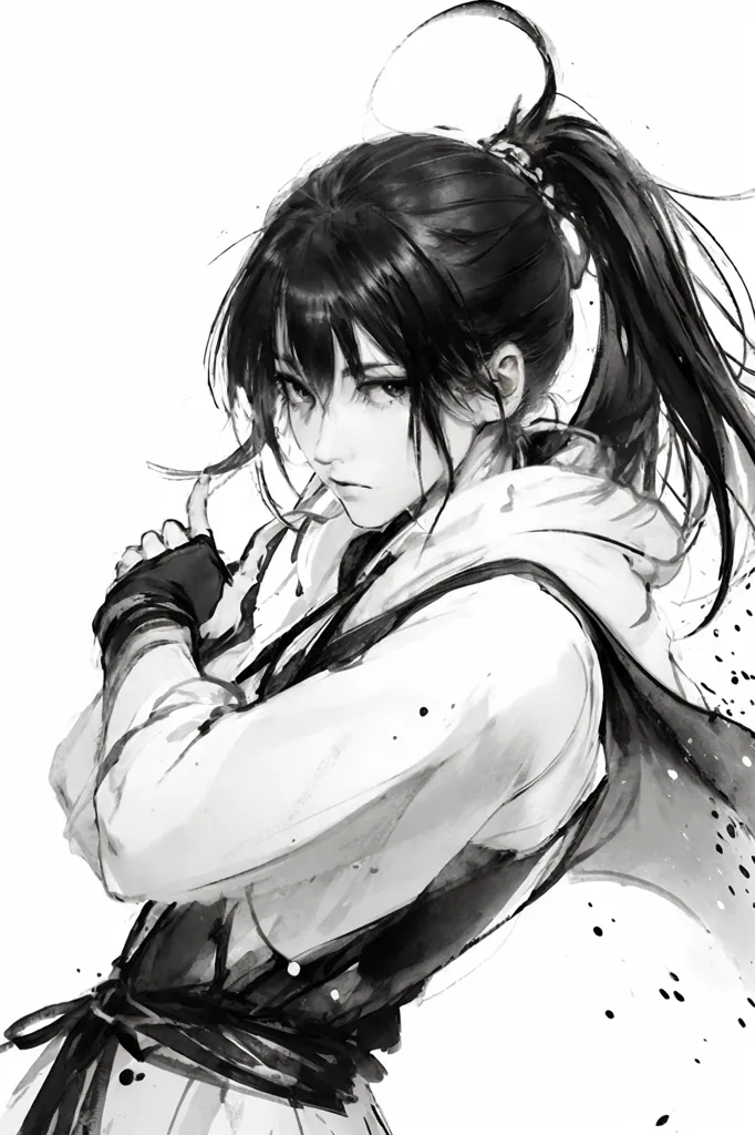 The image is a black-and-white digital painting of a young woman with long black hair and a ponytail. She is wearing a white shirt and a black jacket. She has a determined expression on her face and is looking to the left of the frame. The background is white with some black ink splatters.