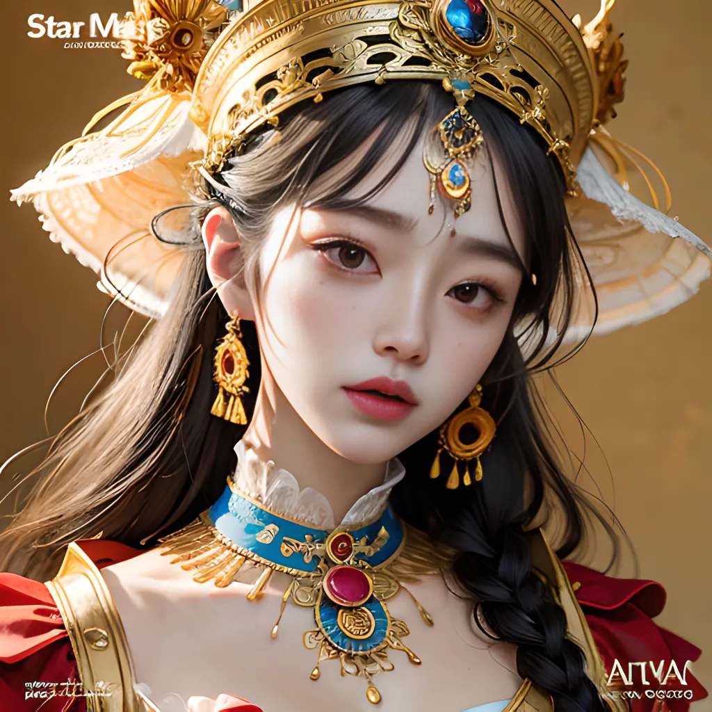 The image is a portrait of a young woman with long black hair. She is wearing a red and gold dress with a high collar and a golden headdress. She is also wearing a necklace with a large blue jewel in the center and several smaller jewels around it. Her eyes are dark brown and her skin is fair. She is looking at the viewer with a slightly sad expression. The background is a dark blue with a gradient to a lighter blue at the top.